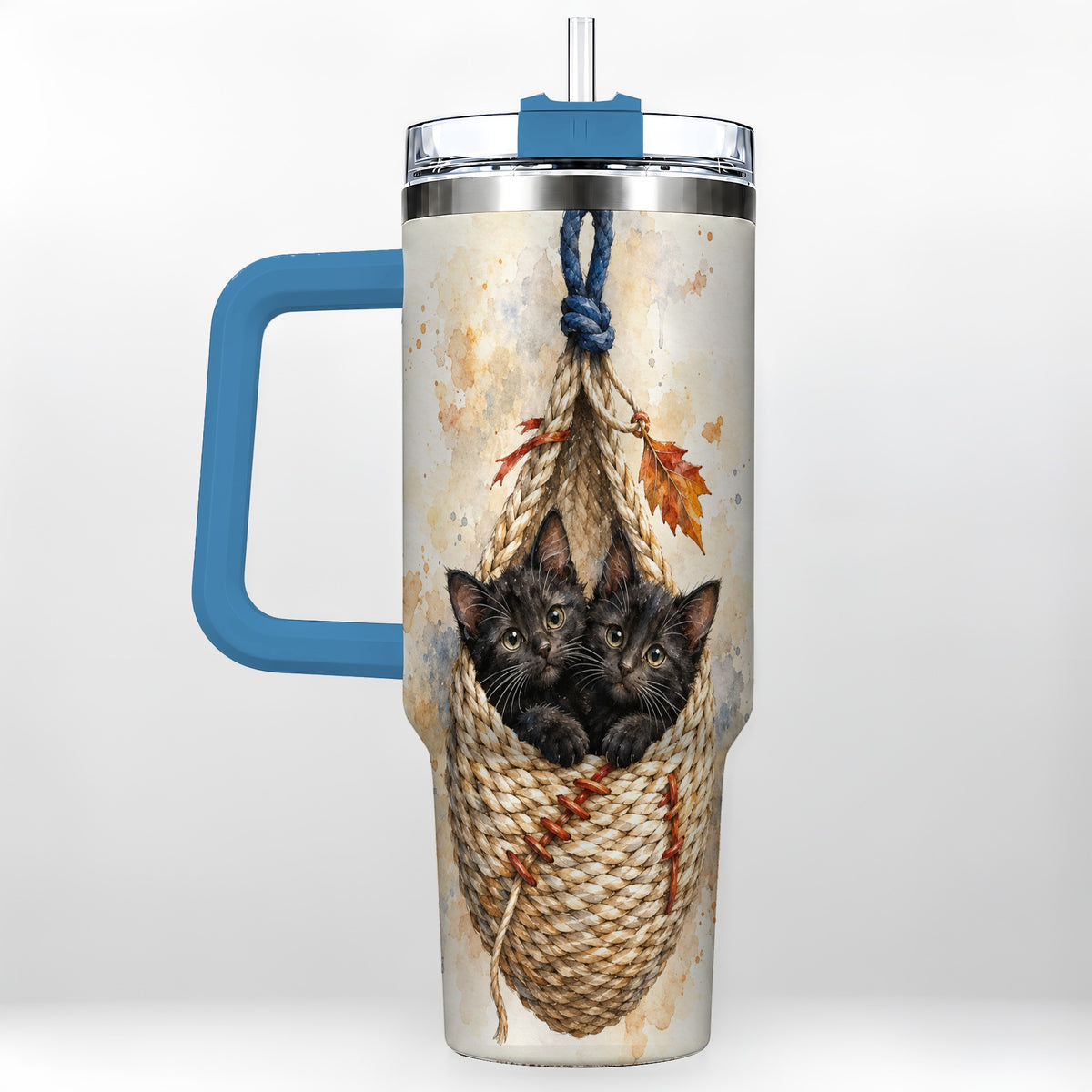 #pl[40oz|Blue] Watercolor Cats 40oz Tumbler with Handle, Cat Basket Travel Cup