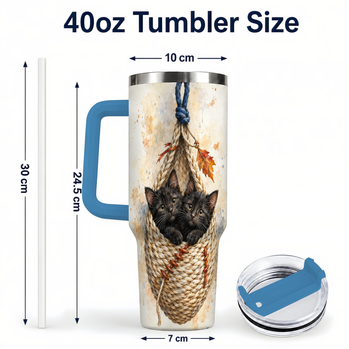 #pl[40oz|Blue] Watercolor Cats 40oz Tumbler with Handle, Cat Basket Travel Cup