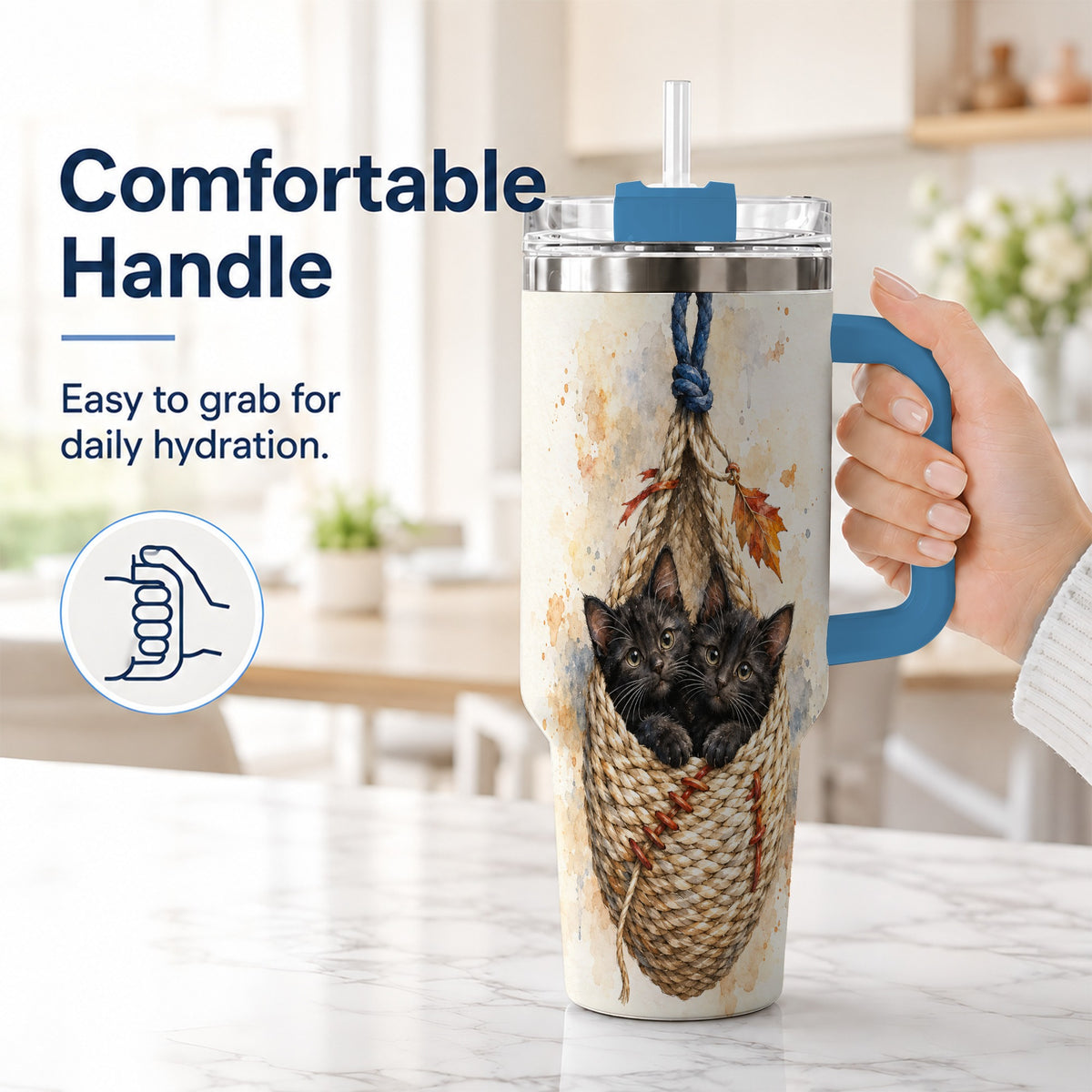 #pl[40oz|Blue] Watercolor Cats 40oz Tumbler with Handle, Cat Basket Travel Cup