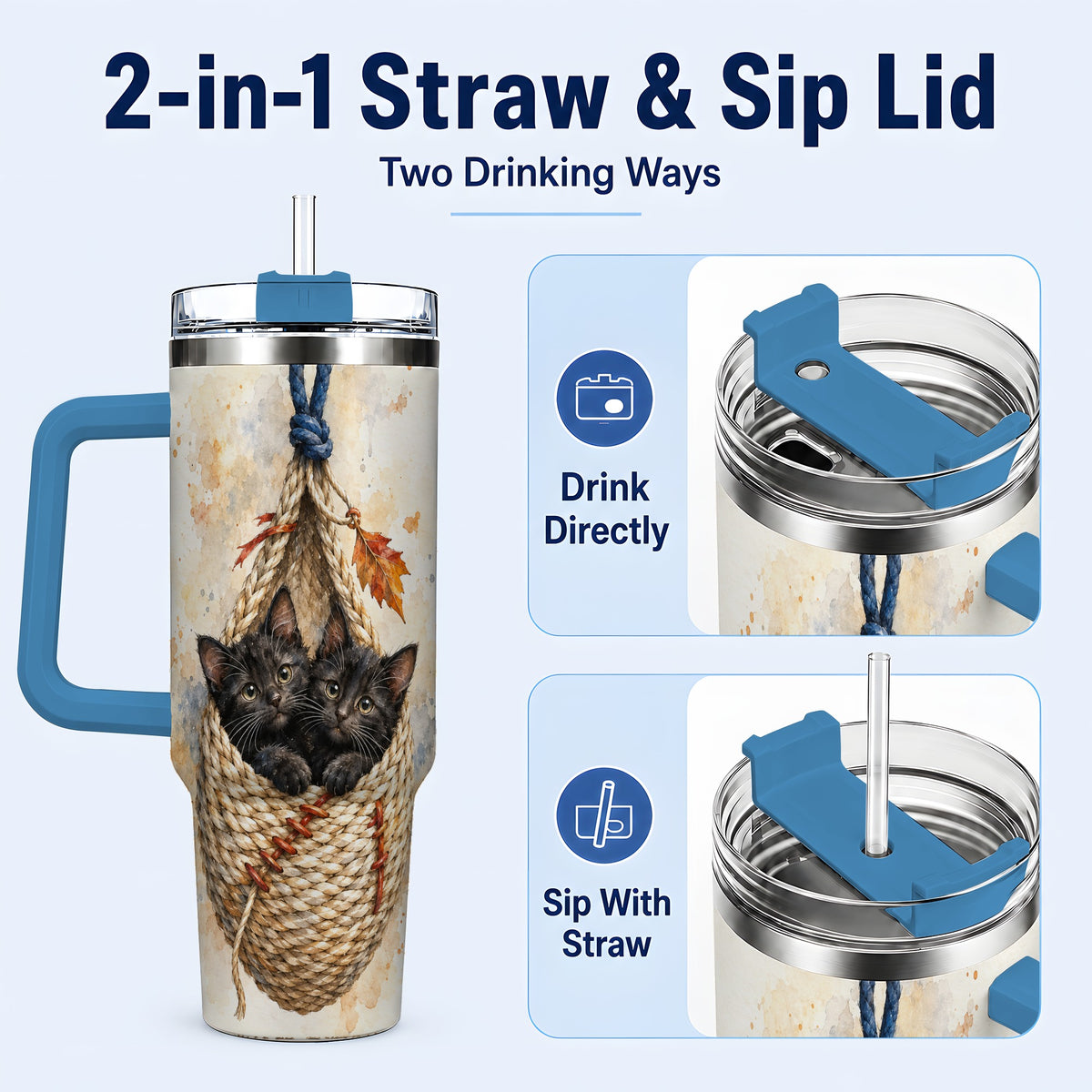 #pl[40oz|Blue] Watercolor Cats 40oz Tumbler with Handle, Cat Basket Travel Cup