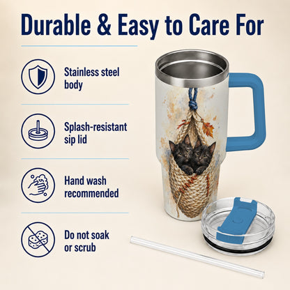 #pl[40oz|Blue] Watercolor Cats 40oz Tumbler with Handle, Cat Basket Travel Cup