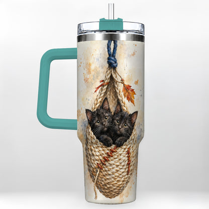 #pl[40oz|Green] Watercolor Cats 40oz Tumbler with Handle, Cat Basket Travel Cup