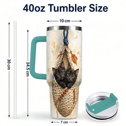 #pl[40oz|Green] Watercolor Cats 40oz Tumbler with Handle, Cat Basket Travel Cup