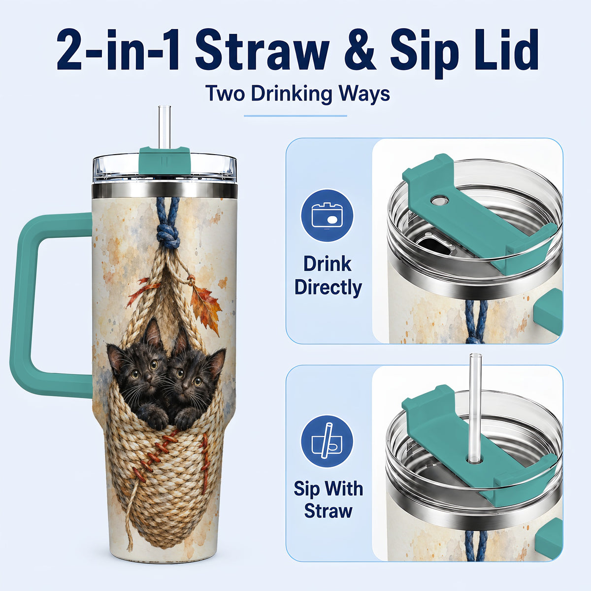 #pl[40oz|Green] Watercolor Cats 40oz Tumbler with Handle, Cat Basket Travel Cup