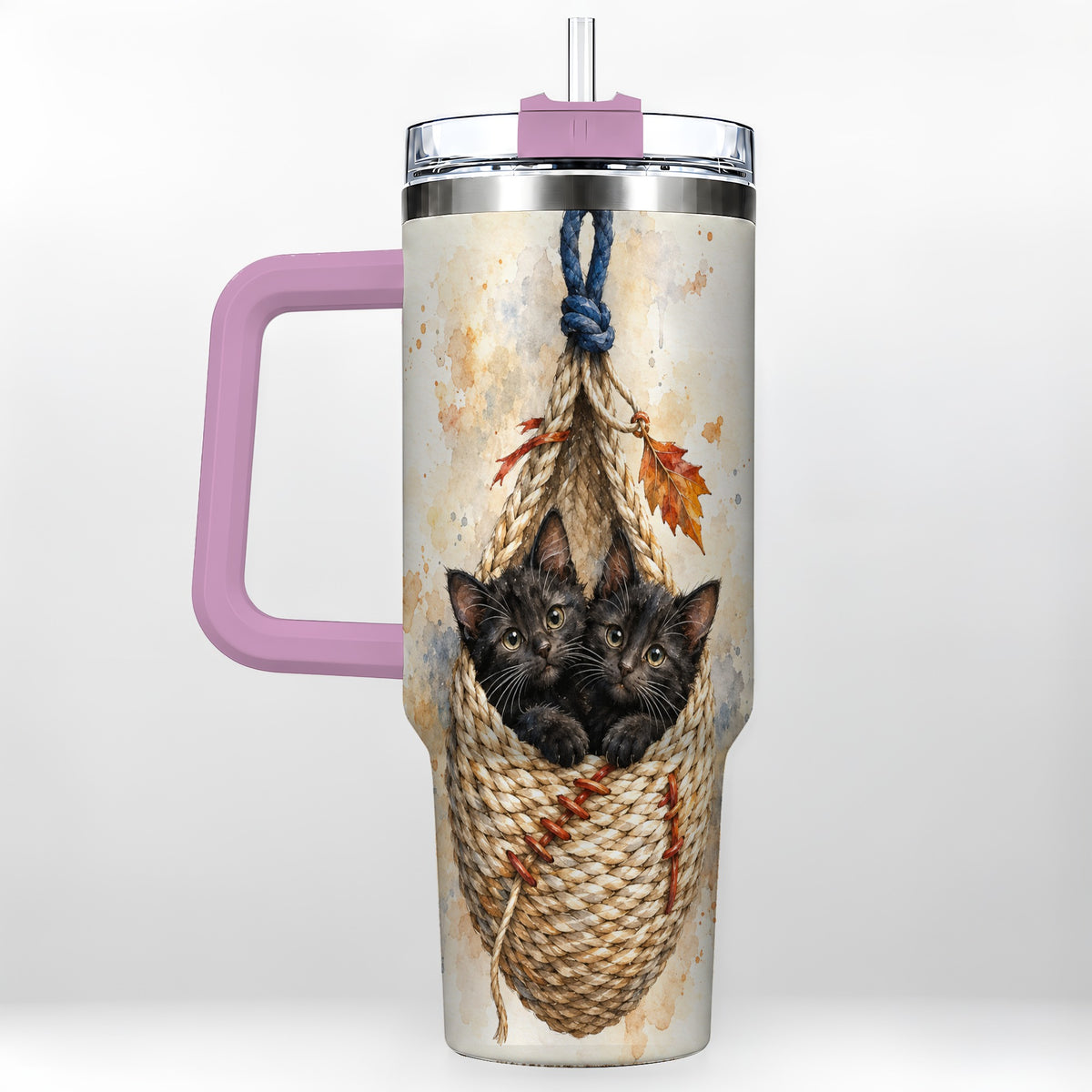 #pl[40oz|Pink] Watercolor Cats 40oz Tumbler with Handle, Cat Basket Travel Cup