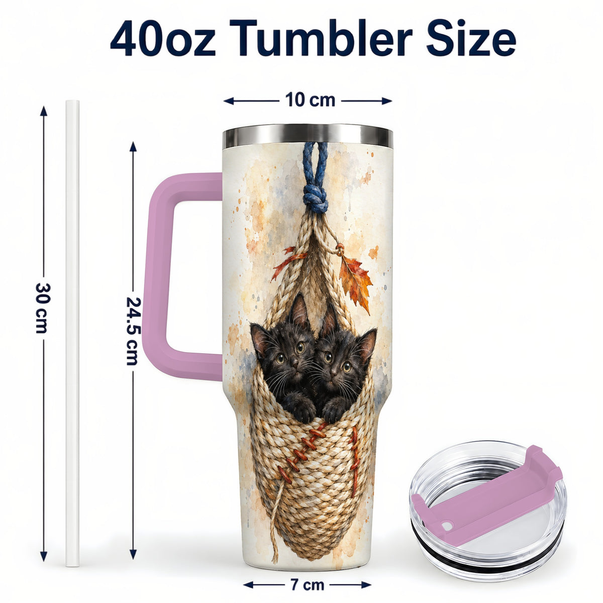 #pl[40oz|Pink] Watercolor Cats 40oz Tumbler with Handle, Cat Basket Travel Cup