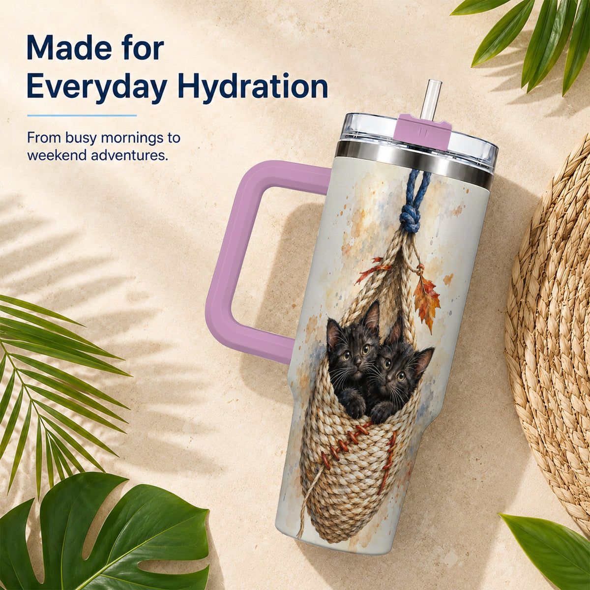 #pl[40oz|Pink] Watercolor Cats 40oz Tumbler with Handle, Cat Basket Travel Cup