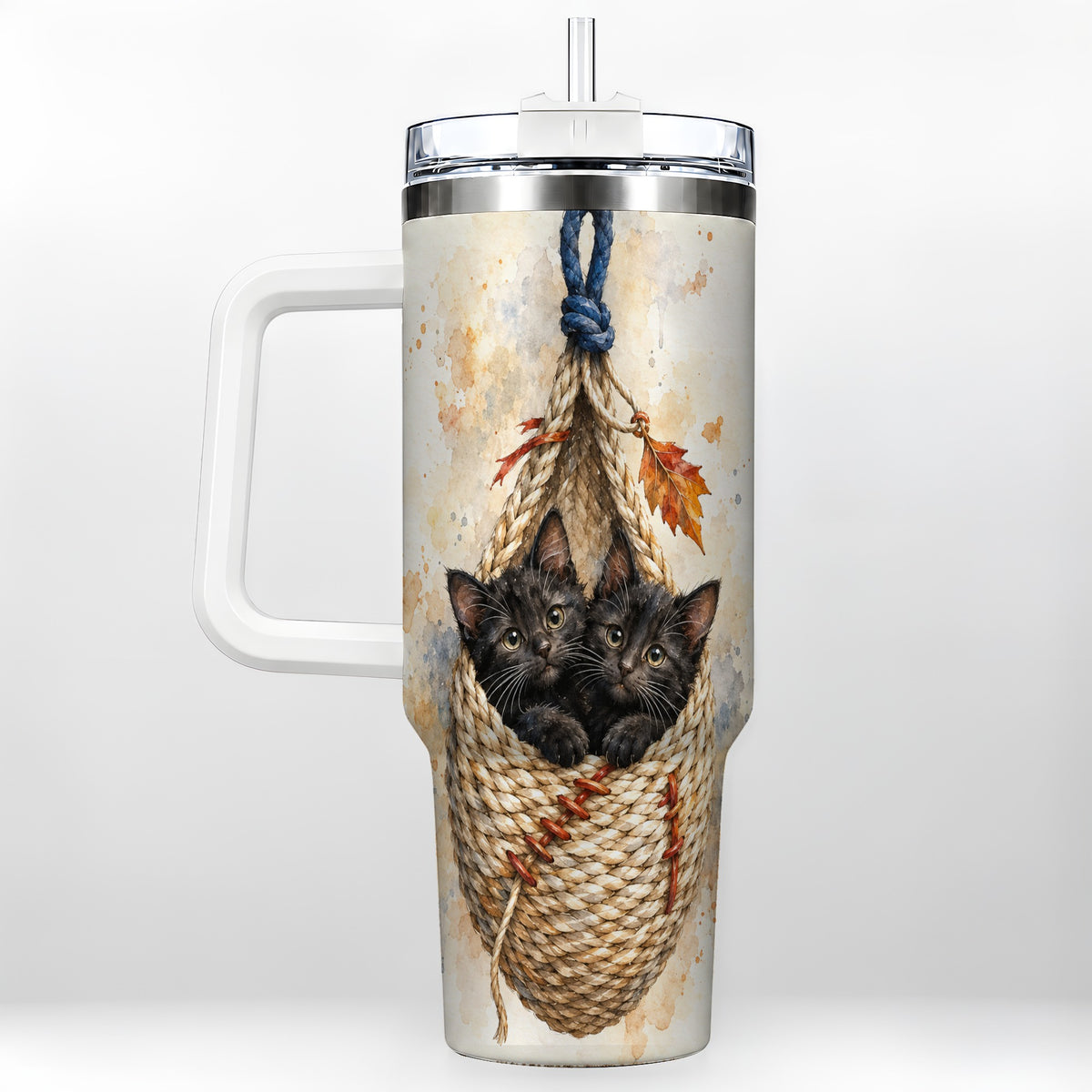 Watercolor Cats 40oz Tumbler with Handle, Cat Basket Travel Cup