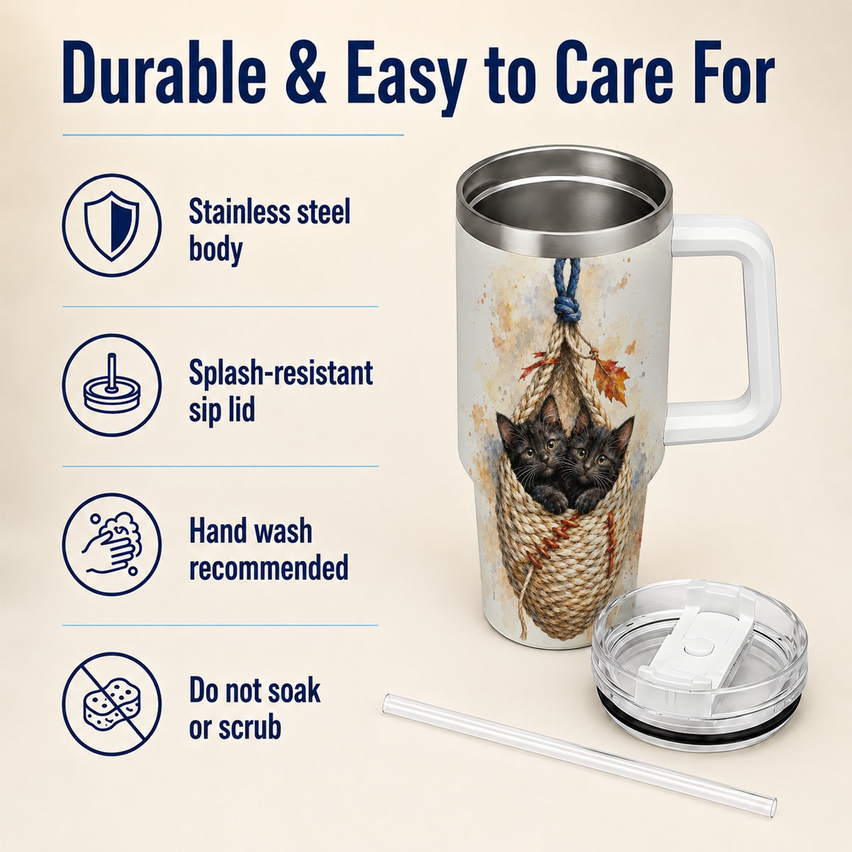 #pl[40oz|White] Watercolor Cats 40oz Tumbler with Handle, Cat Basket Travel Cup