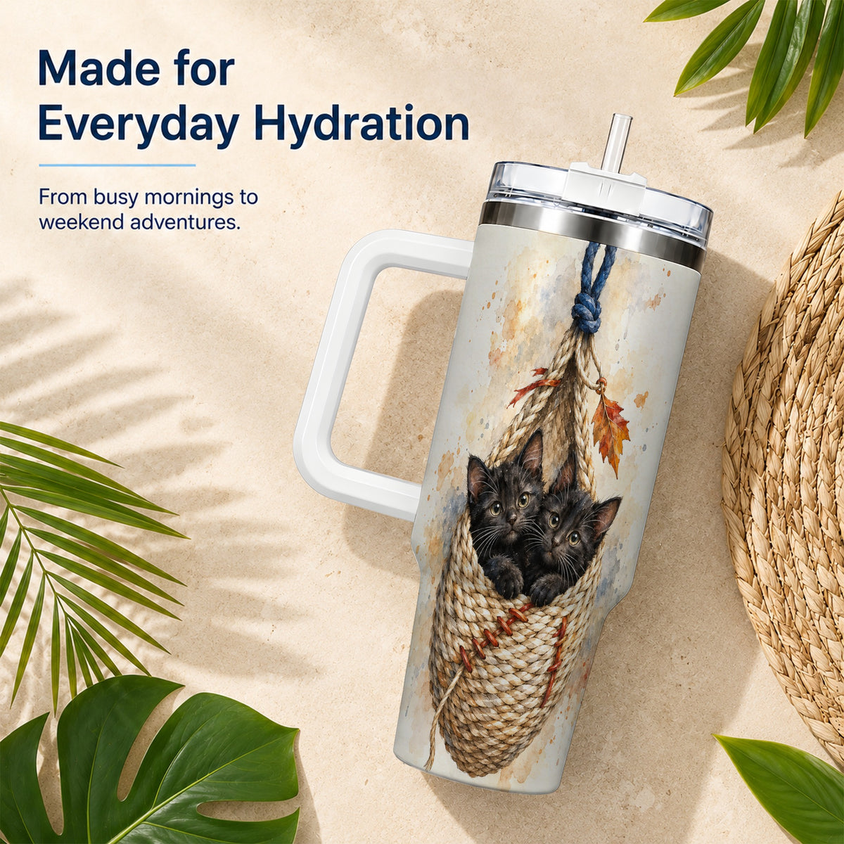#pl[40oz|White] Watercolor Cats 40oz Tumbler with Handle, Cat Basket Travel Cup