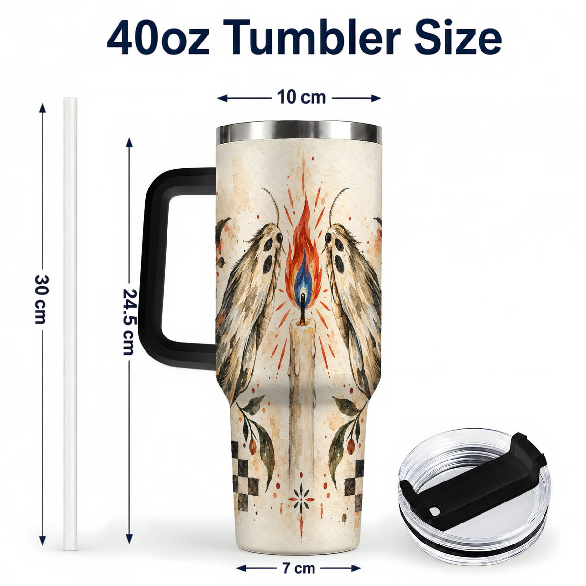 #pl[40oz|Black] Moth Candle 40oz Tumbler with Handle, Folk Floral Travel Cup