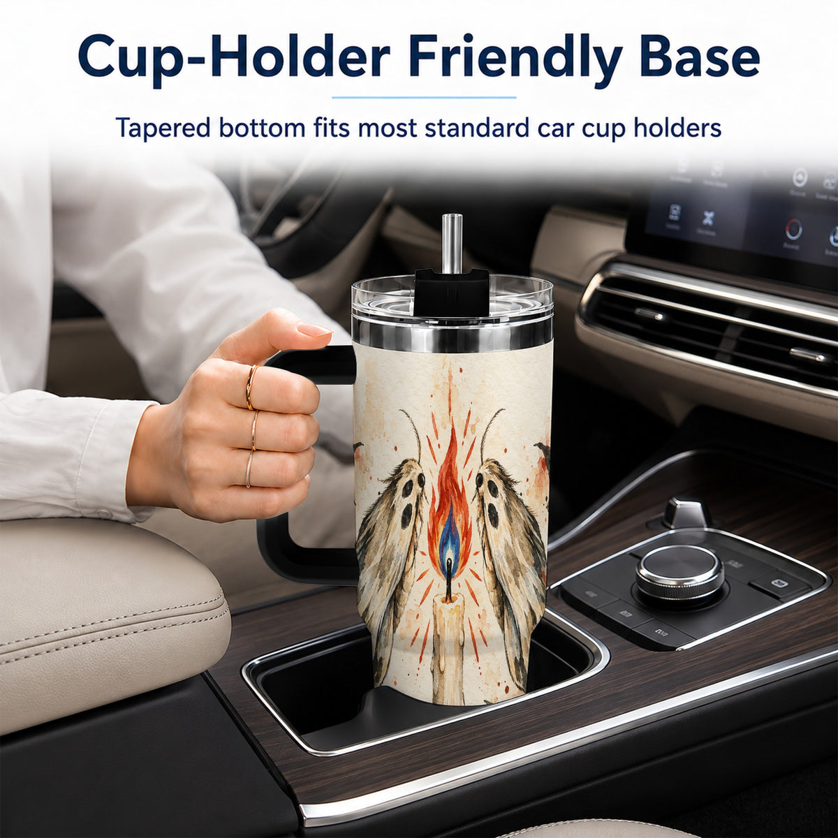 #pl[40oz|Black] Moth Candle 40oz Tumbler with Handle, Folk Floral Travel Cup