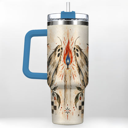 #pl[40oz|Blue] Moth Candle 40oz Tumbler with Handle, Folk Floral Travel Cup