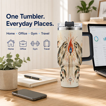 #pl[40oz|Black] Moth Candle 40oz Tumbler with Handle, Folk Floral Travel Cup