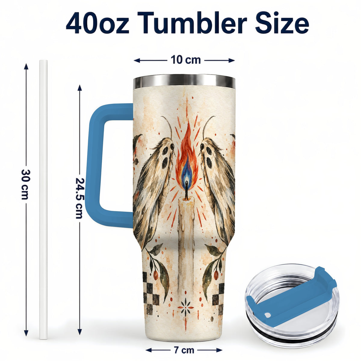 #pl[40oz|Blue] Moth Candle 40oz Tumbler with Handle, Folk Floral Travel Cup