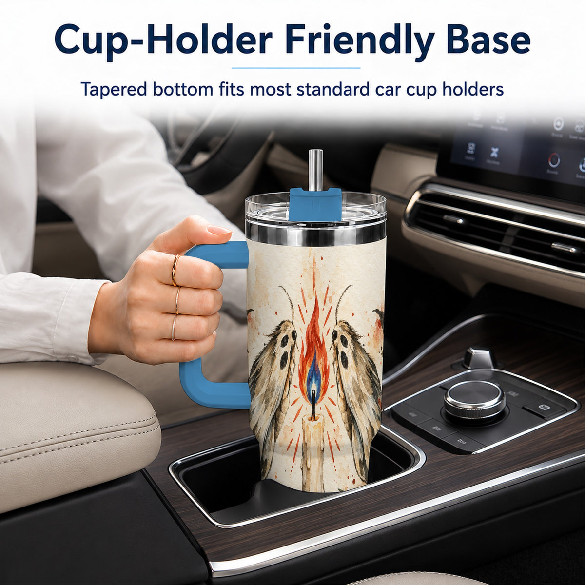 #pl[40oz|Blue] Moth Candle 40oz Tumbler with Handle, Folk Floral Travel Cup