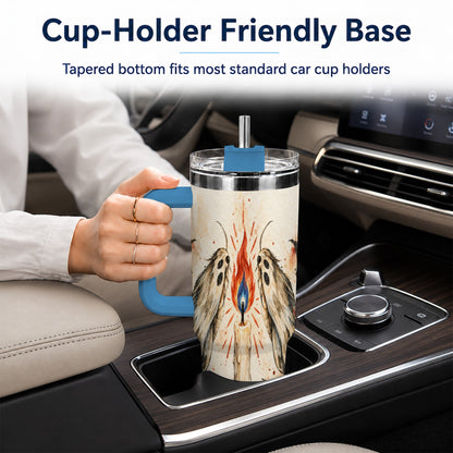 #pl[40oz|Blue] Moth Candle 40oz Tumbler with Handle, Folk Floral Travel Cup