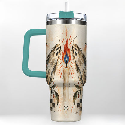 #pl[40oz|Green] Moth Candle 40oz Tumbler with Handle, Folk Floral Travel Cup