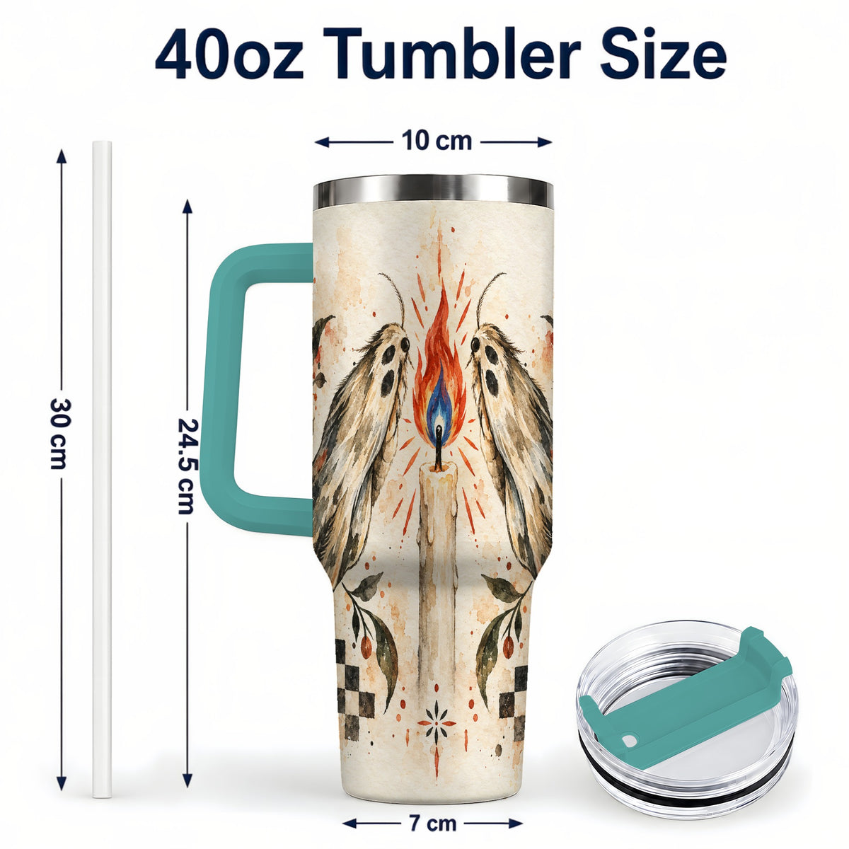 #pl[40oz|Green] Moth Candle 40oz Tumbler with Handle, Folk Floral Travel Cup