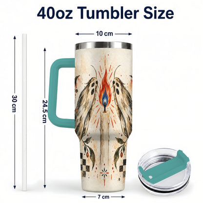 #pl[40oz|Green] Moth Candle 40oz Tumbler with Handle, Folk Floral Travel Cup