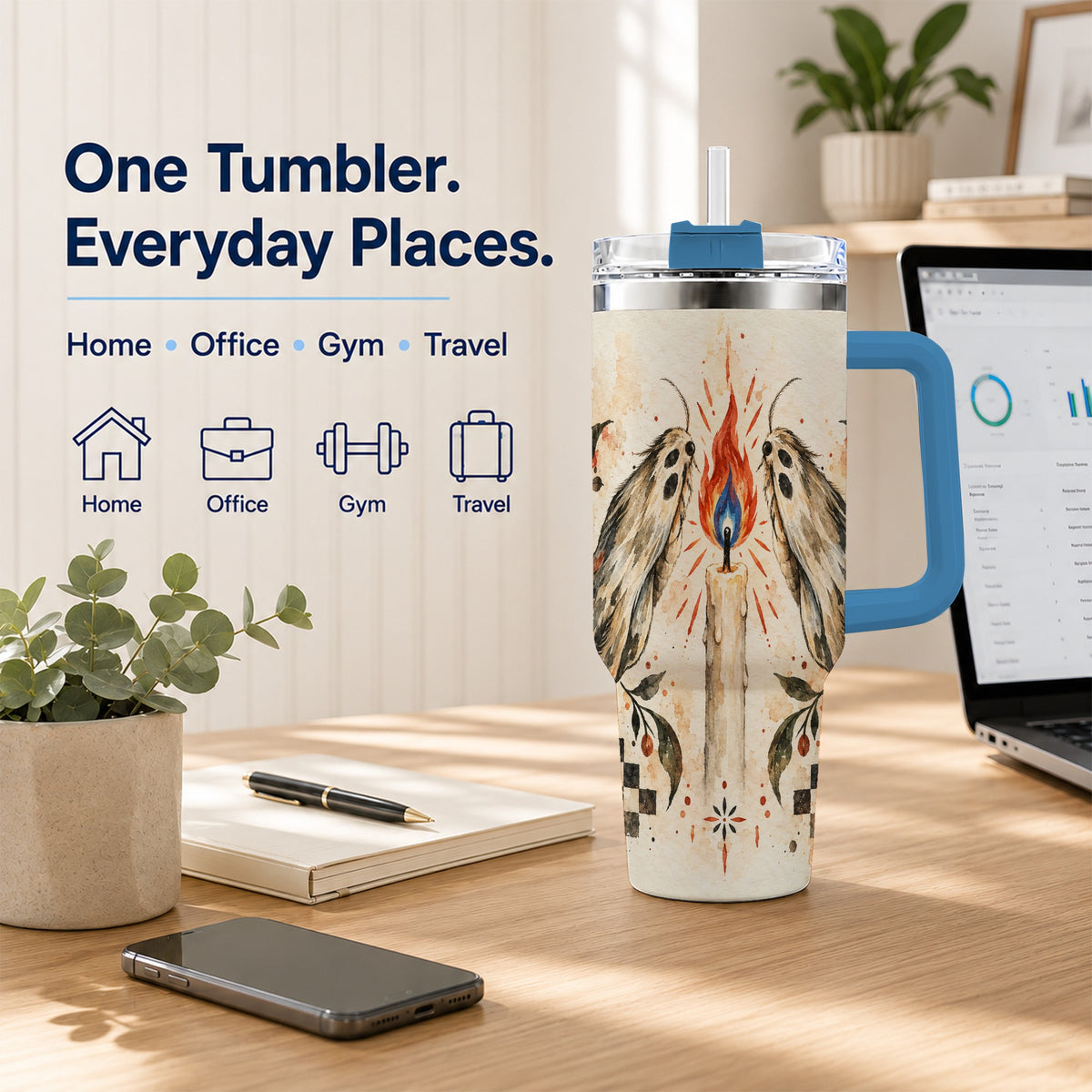 #pl[40oz|Blue] Moth Candle 40oz Tumbler with Handle, Folk Floral Travel Cup