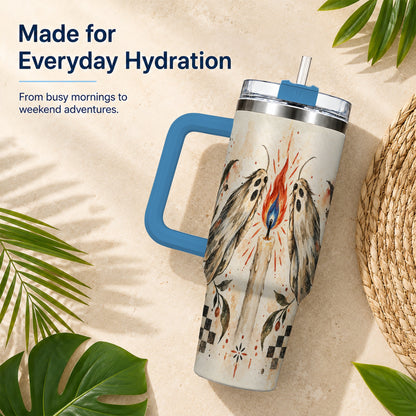#pl[40oz|Blue] Moth Candle 40oz Tumbler with Handle, Folk Floral Travel Cup
