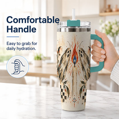 #pl[40oz|Green] Moth Candle 40oz Tumbler with Handle, Folk Floral Travel Cup