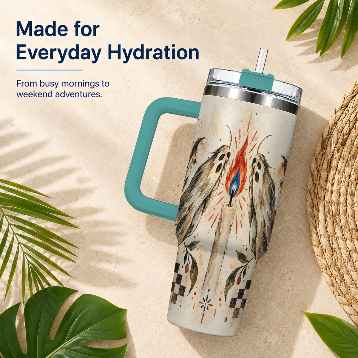 #pl[40oz|Green] Moth Candle 40oz Tumbler with Handle, Folk Floral Travel Cup