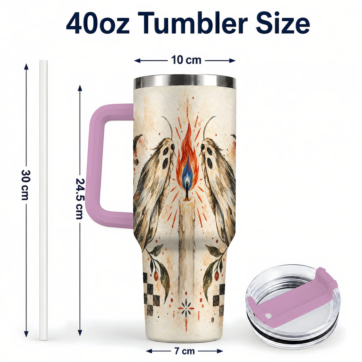#pl[40oz|Pink] Moth Candle 40oz Tumbler with Handle, Folk Floral Travel Cup