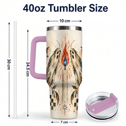 #pl[40oz|Pink] Moth Candle 40oz Tumbler with Handle, Folk Floral Travel Cup