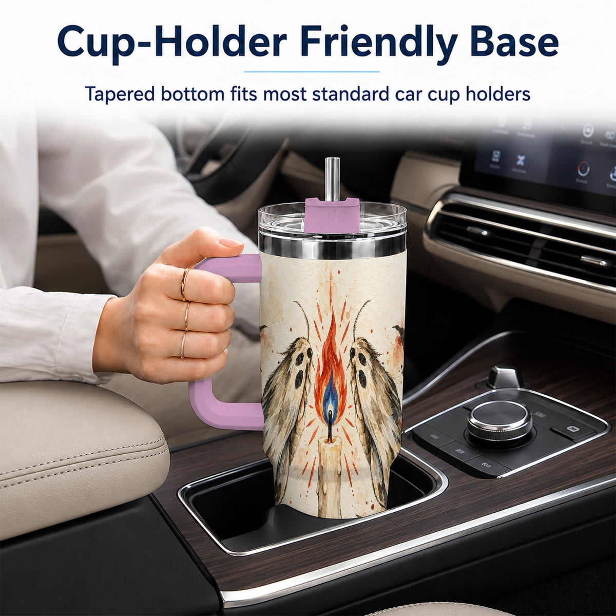 #pl[40oz|Pink] Moth Candle 40oz Tumbler with Handle, Folk Floral Travel Cup