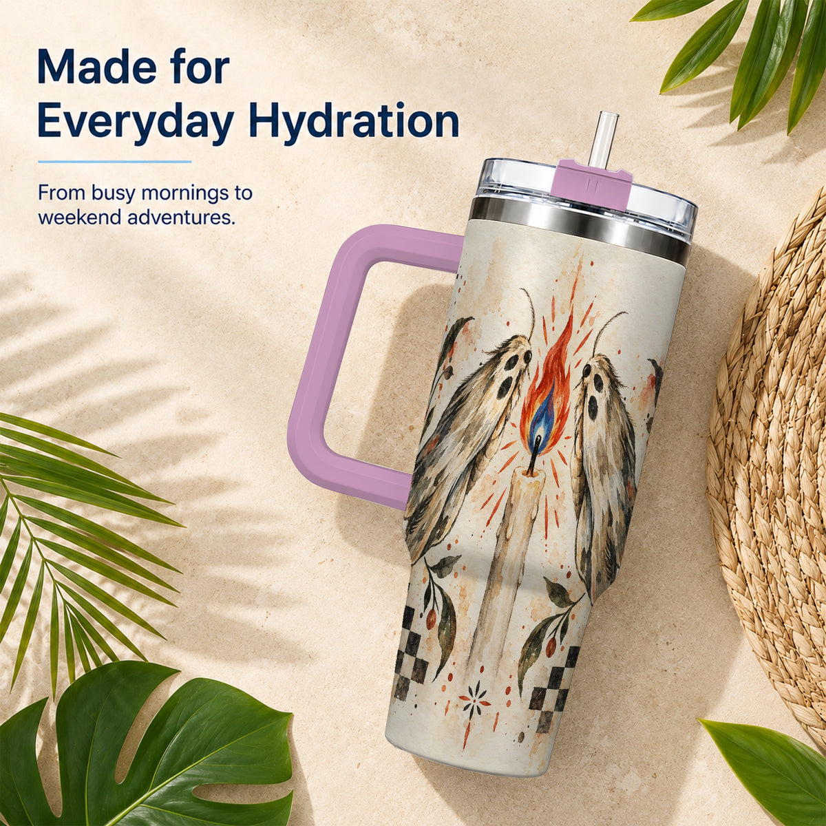 #pl[40oz|Pink] Moth Candle 40oz Tumbler with Handle, Folk Floral Travel Cup