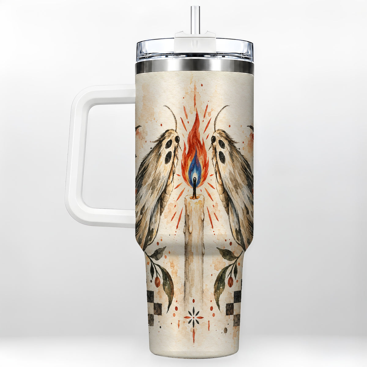 Moth Candle 40oz Tumbler with Handle, Folk Floral Travel Cup
