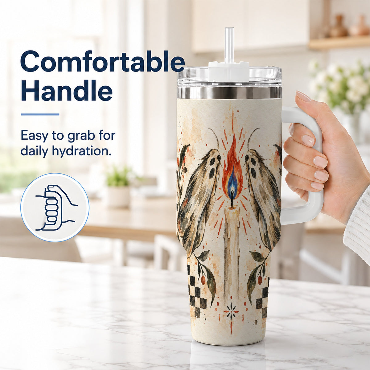 #pl[40oz|White] Moth Candle 40oz Tumbler with Handle, Folk Floral Travel Cup