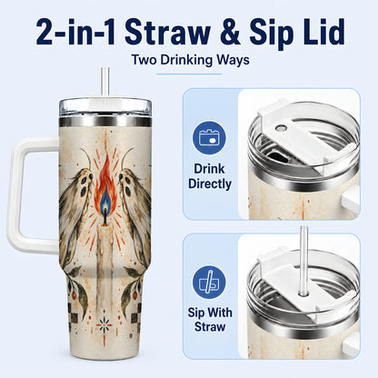 #pl[40oz|White] Moth Candle 40oz Tumbler with Handle, Folk Floral Travel Cup