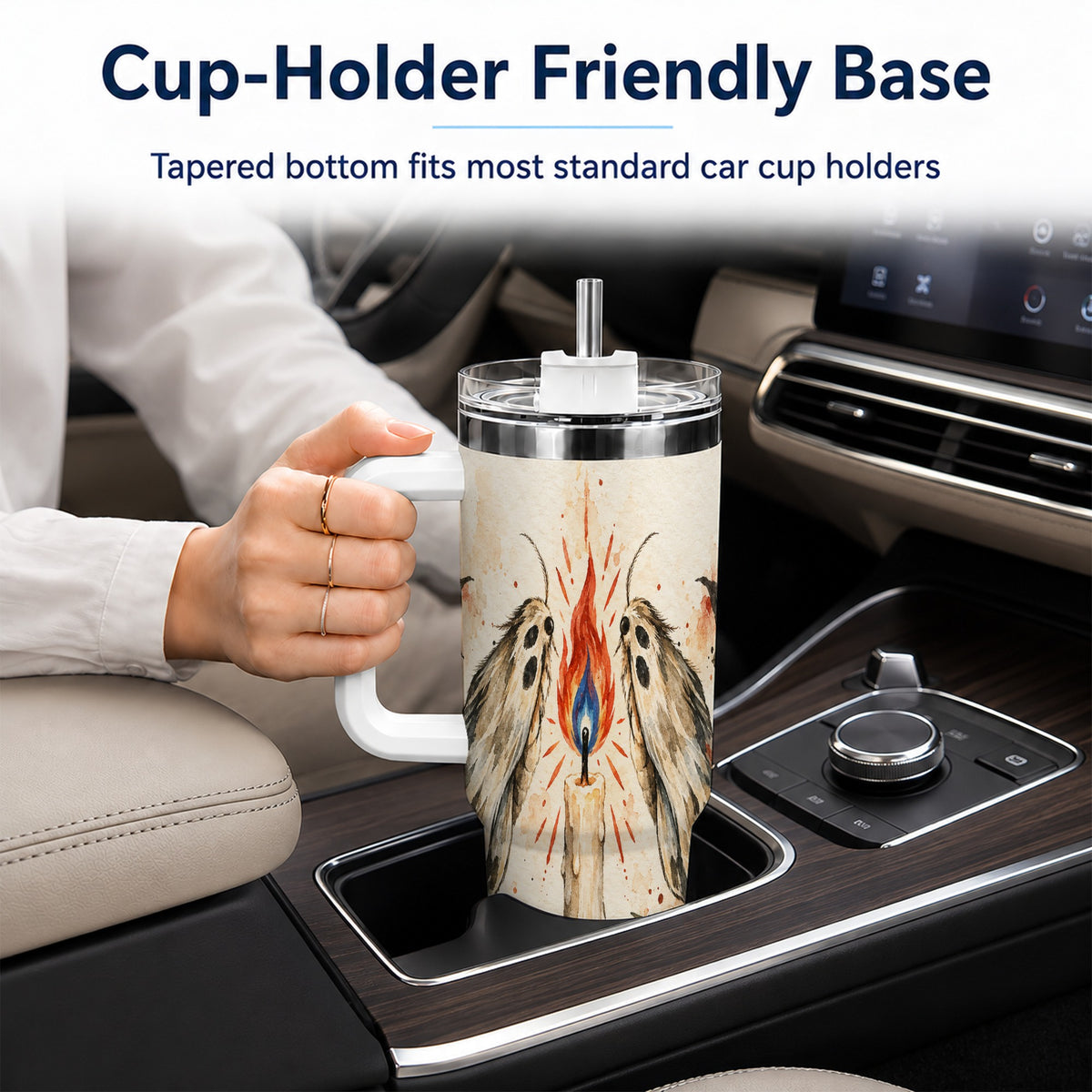#pl[40oz|White] Moth Candle 40oz Tumbler with Handle, Folk Floral Travel Cup