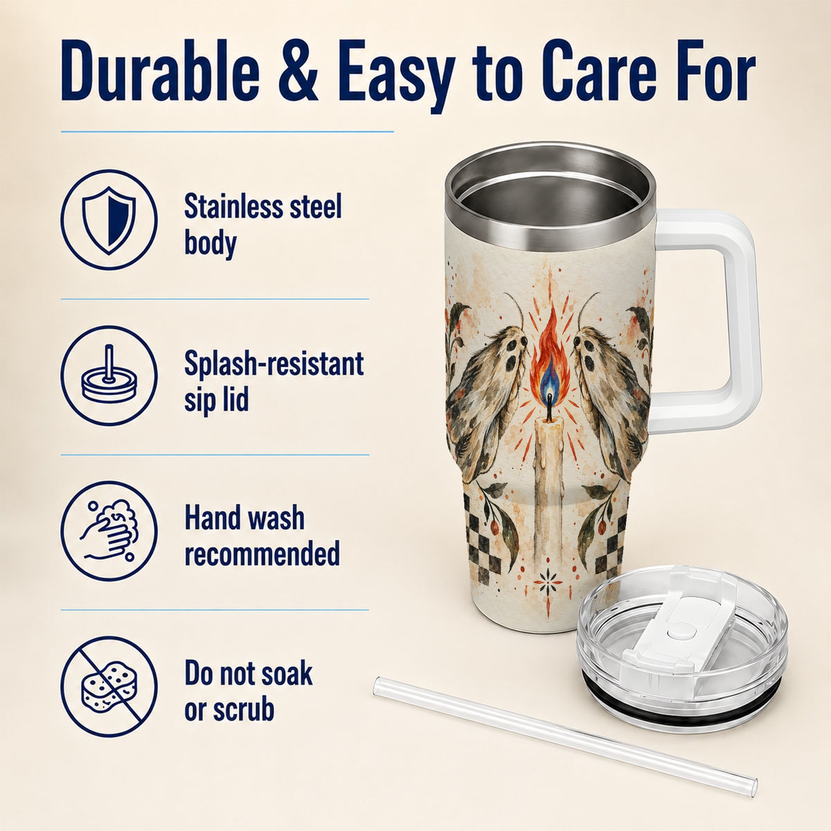 #pl[40oz|White] Moth Candle 40oz Tumbler with Handle, Folk Floral Travel Cup