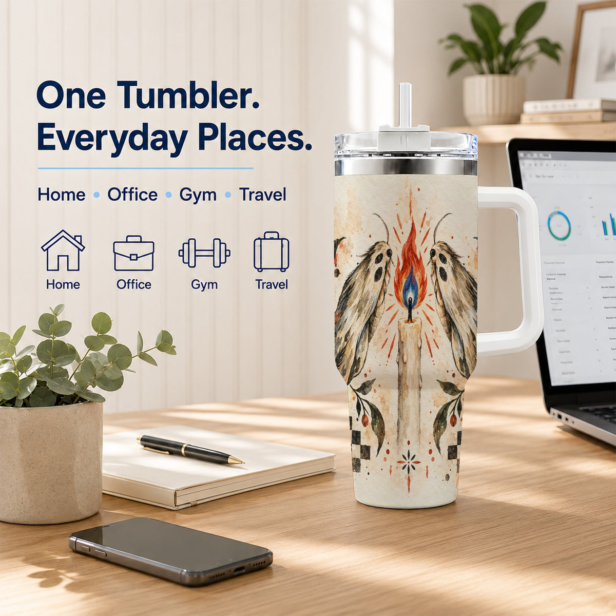 #pl[40oz|White] Moth Candle 40oz Tumbler with Handle, Folk Floral Travel Cup