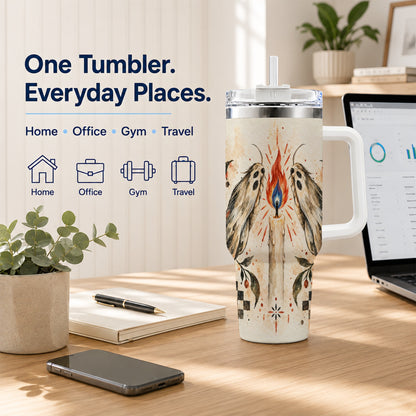 #pl[40oz|White] Moth Candle 40oz Tumbler with Handle, Folk Floral Travel Cup