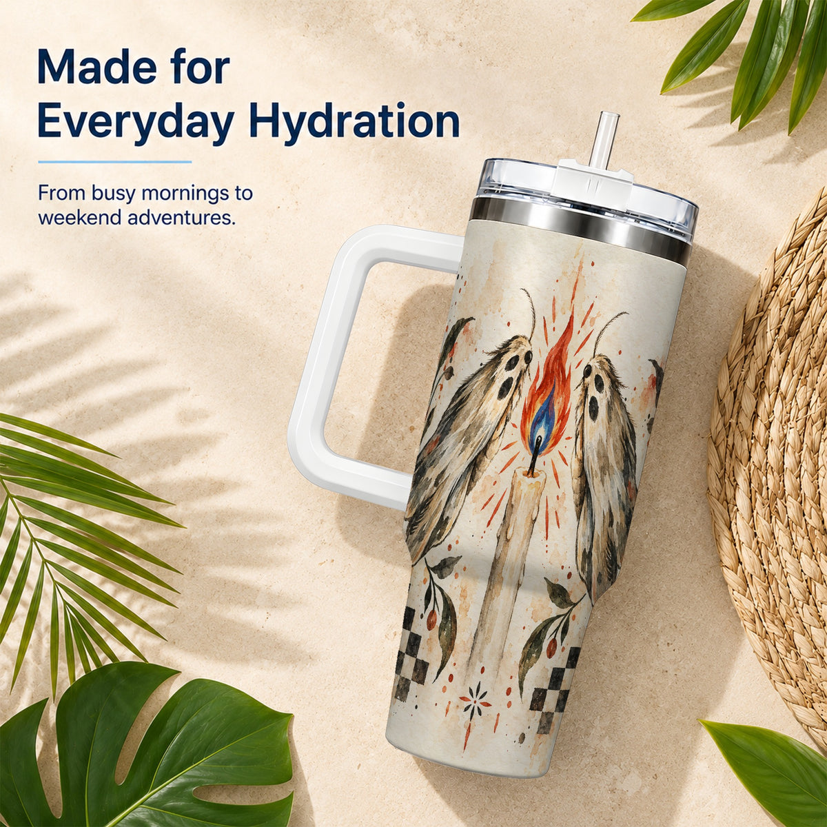 #pl[40oz|White] Moth Candle 40oz Tumbler with Handle, Folk Floral Travel Cup