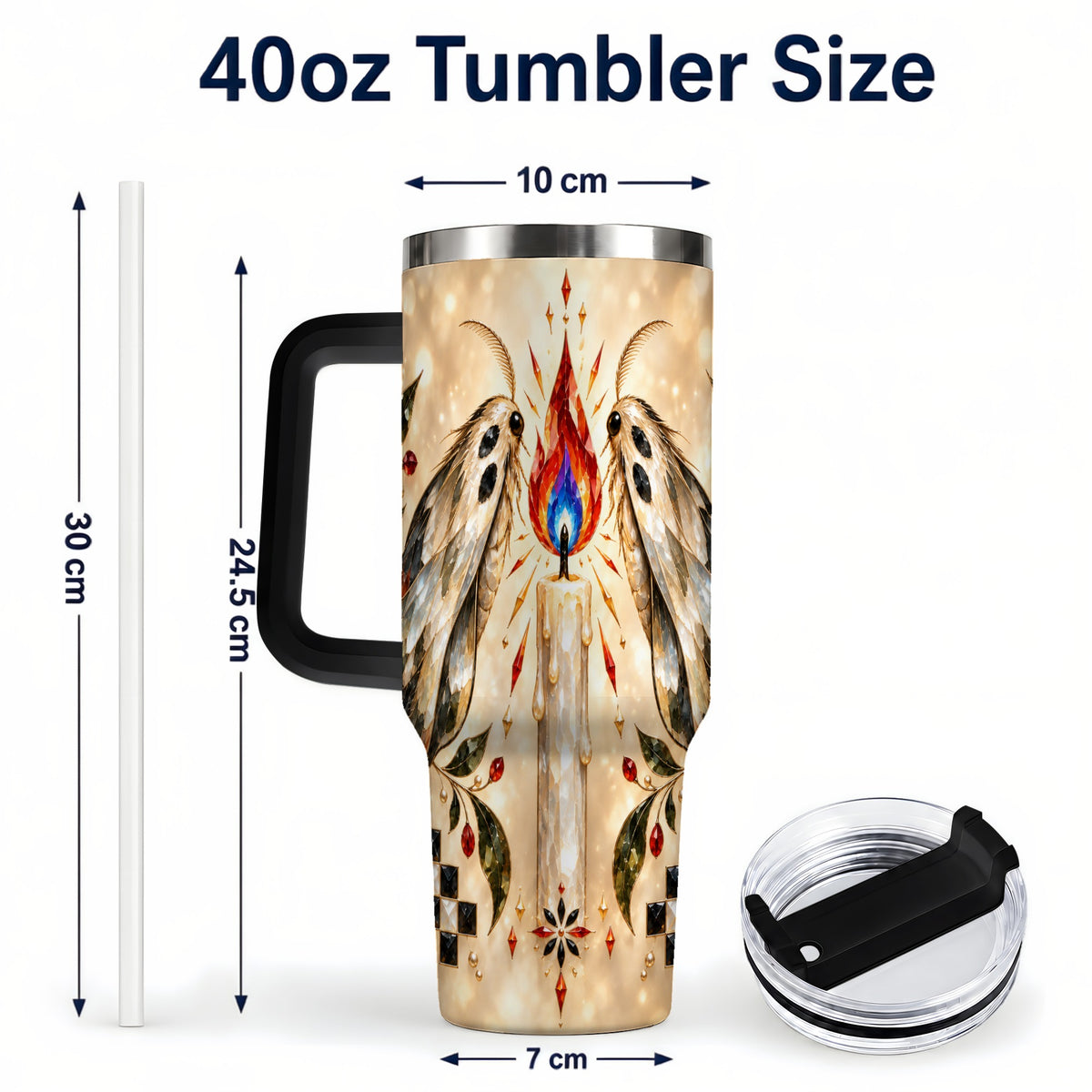 #pl[40oz|Black] Crystal Moth Candle 40oz Tumbler with Handle, Gothic Travel Cup