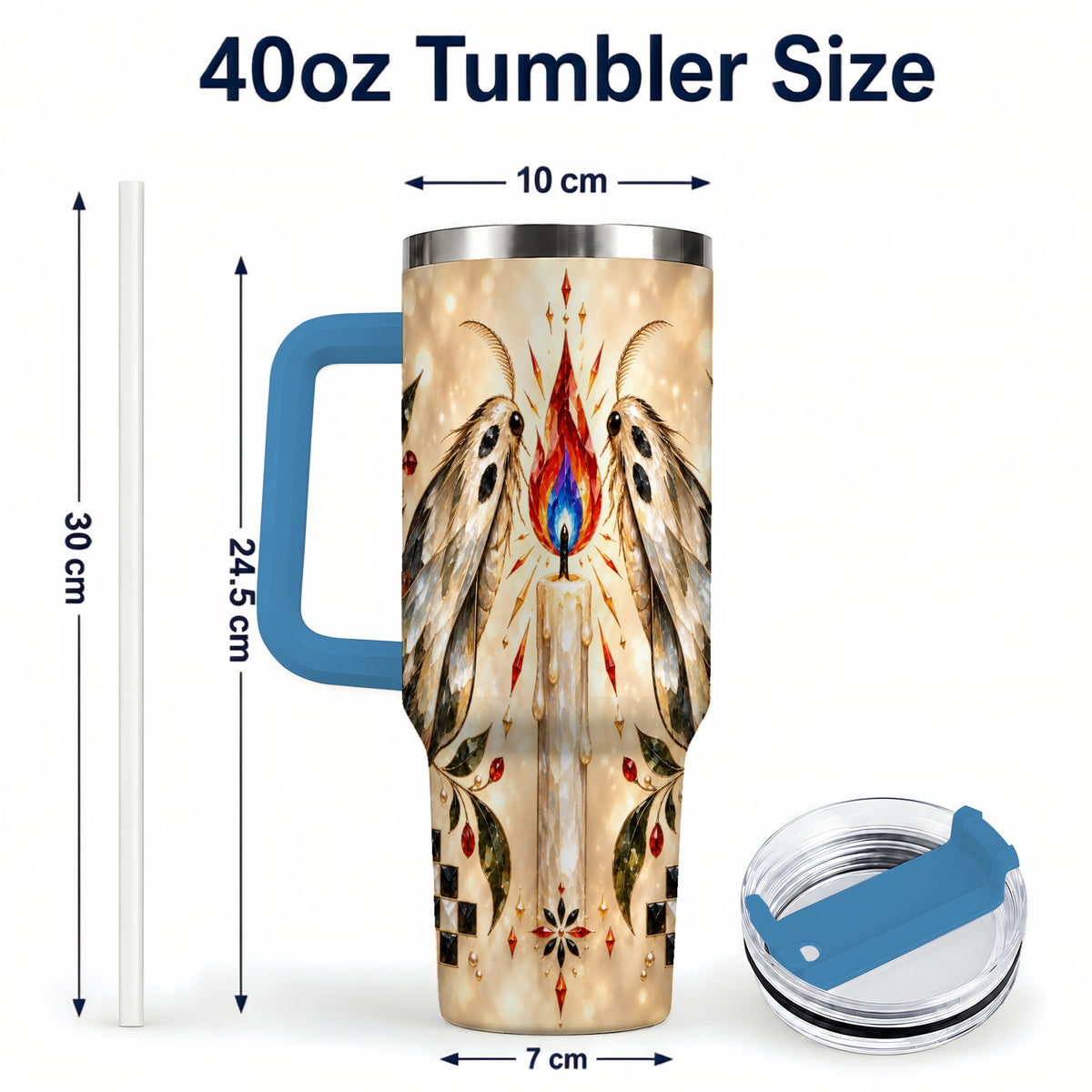 #pl[40oz|Blue] Crystal Moth Candle 40oz Tumbler with Handle, Gothic Travel Cup