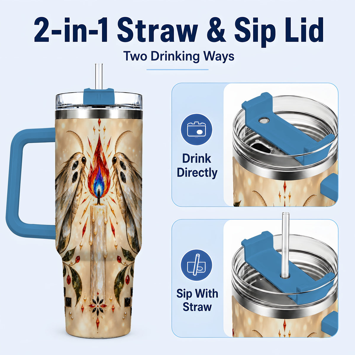 #pl[40oz|Blue] Crystal Moth Candle 40oz Tumbler with Handle, Gothic Travel Cup