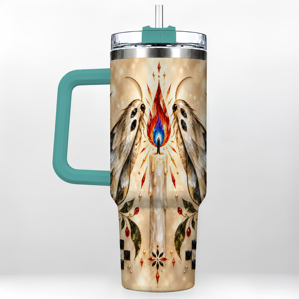 #pl[40oz|Green] Crystal Moth Candle 40oz Tumbler with Handle, Gothic Travel Cup