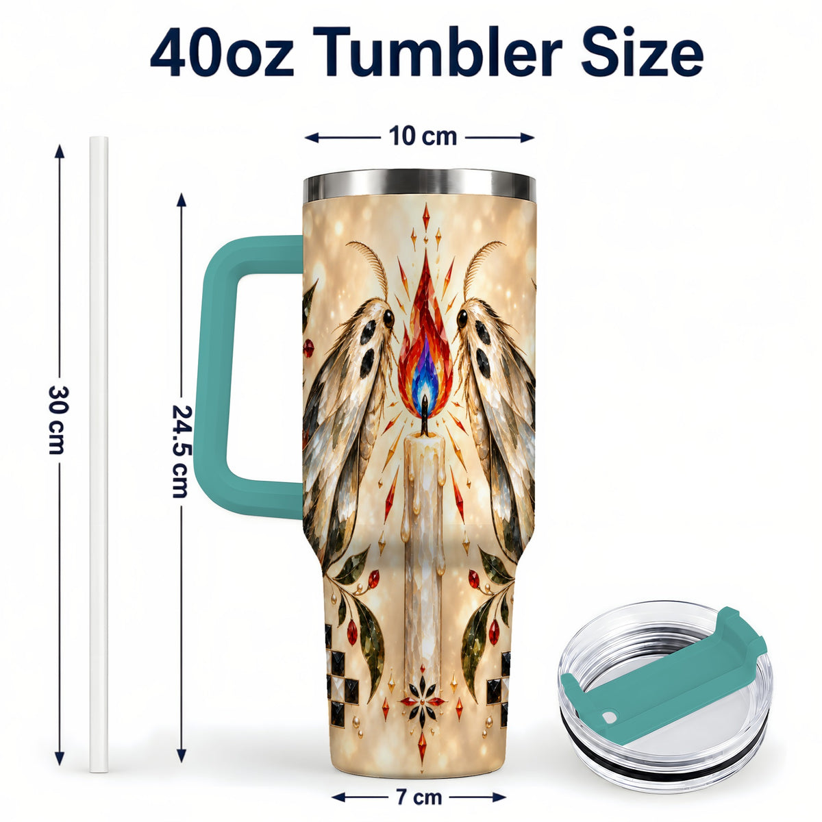 #pl[40oz|Green] Crystal Moth Candle 40oz Tumbler with Handle, Gothic Travel Cup