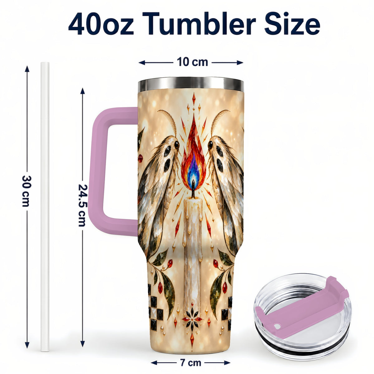 #pl[40oz|Pink] Crystal Moth Candle 40oz Tumbler with Handle, Gothic Travel Cup