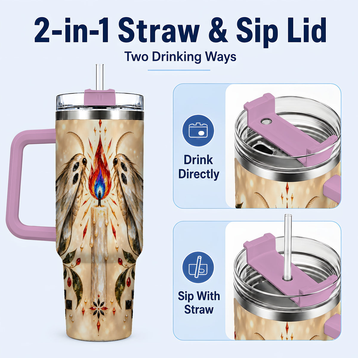 #pl[40oz|Pink] Crystal Moth Candle 40oz Tumbler with Handle, Gothic Travel Cup