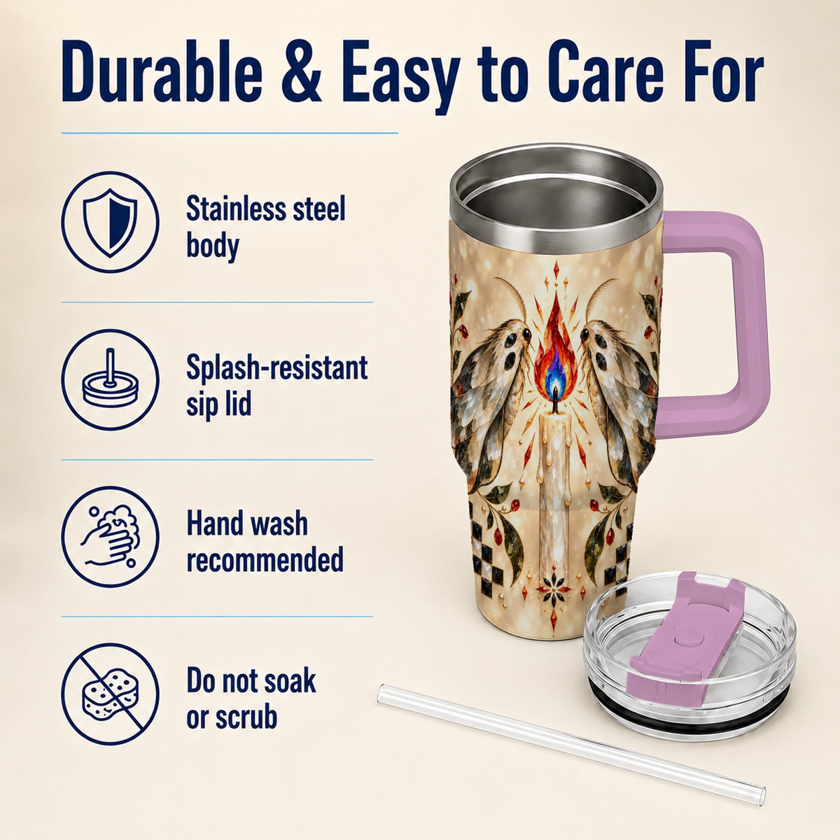 #pl[40oz|Pink] Crystal Moth Candle 40oz Tumbler with Handle, Gothic Travel Cup