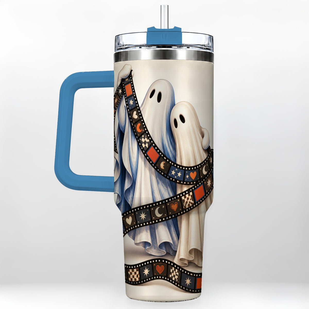 #pl[40oz|Blue] Retro Ghost Film 40oz Tumbler with Handle, Halloween Travel Cup