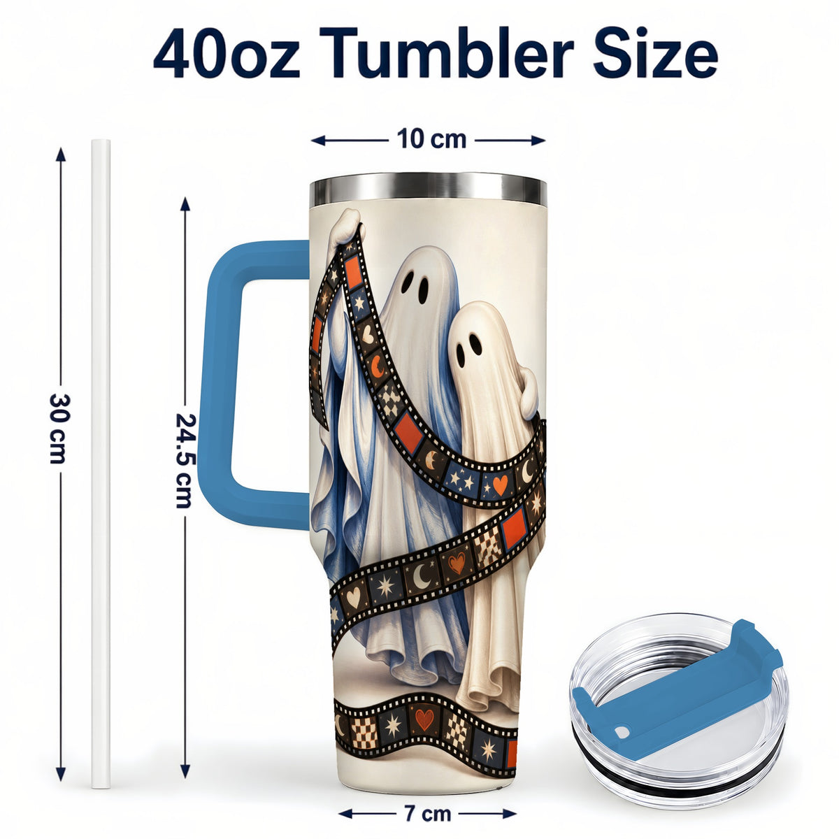 #pl[40oz|Blue] Retro Ghost Film 40oz Tumbler with Handle, Halloween Travel Cup